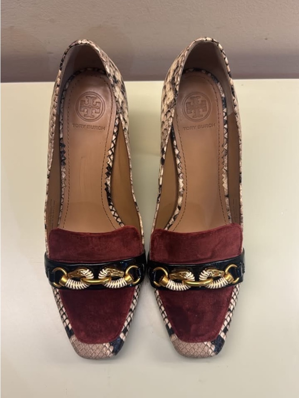 Tory Burch Burgundy Suede & Snakeskin Trim Loafers with Gold Chain